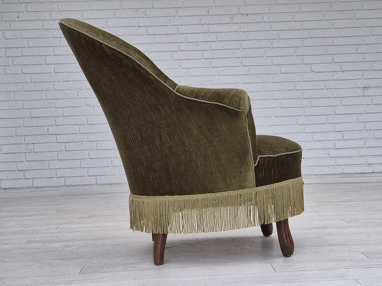 Danish lounge chair, green furniture velour, ash wood, 50s 11