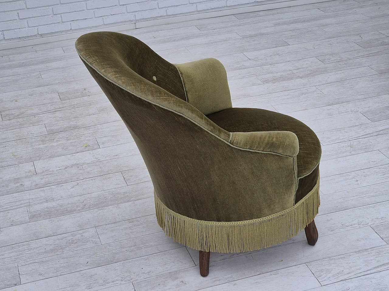 Danish lounge chair, green furniture velour, ash wood, 50s 12