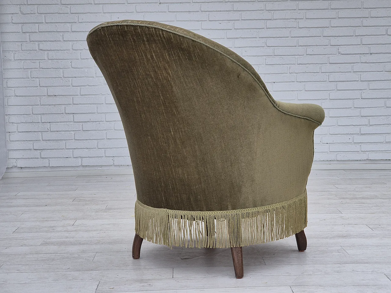 Danish lounge chair, green furniture velour, ash wood, 50s 13