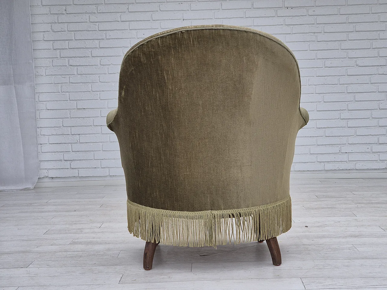 Danish lounge chair, green furniture velour, ash wood, 50s 14