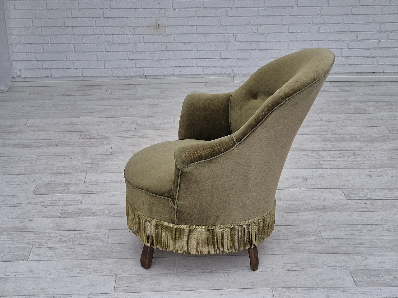 Danish lounge chair, green furniture velour, ash wood, 50s 15