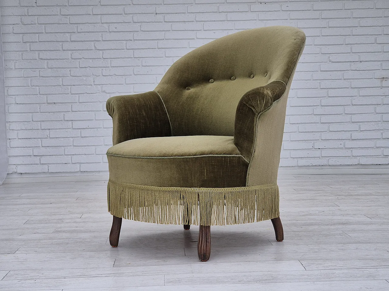 Danish lounge chair, green furniture velour, ash wood, 50s 16