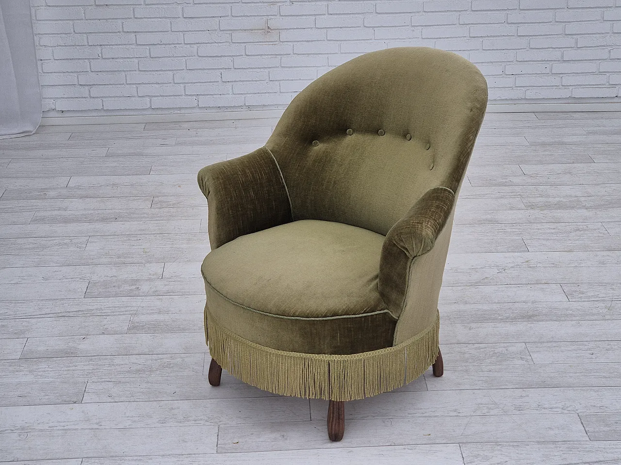 Danish lounge chair, green furniture velour, ash wood, 50s 17
