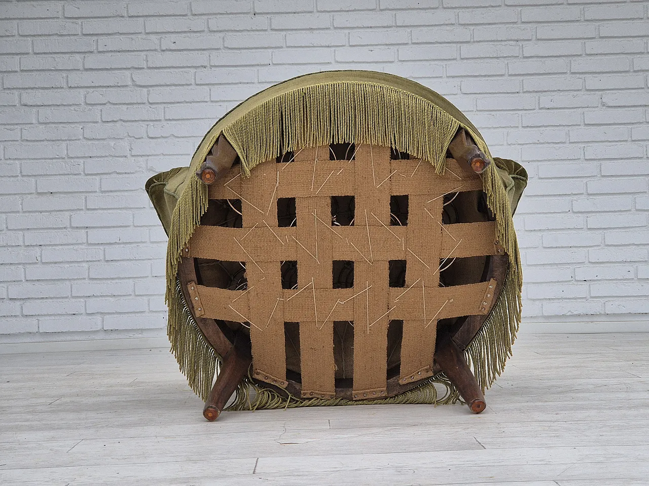 Danish lounge chair, green furniture velour, ash wood, 50s 18