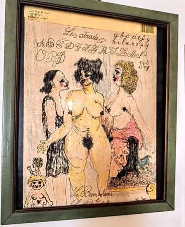 Le bambolone, Italian erotic watercolor on paper, 1950s
