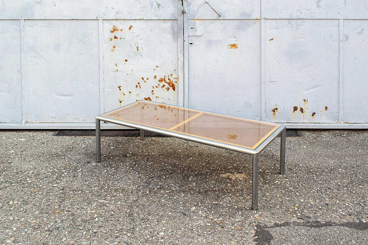 Steel and glass and Vienna straw coffee table, 1970s 1