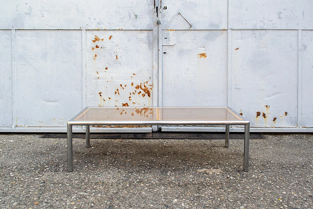 Steel and glass and Vienna straw coffee table, 1970s 2