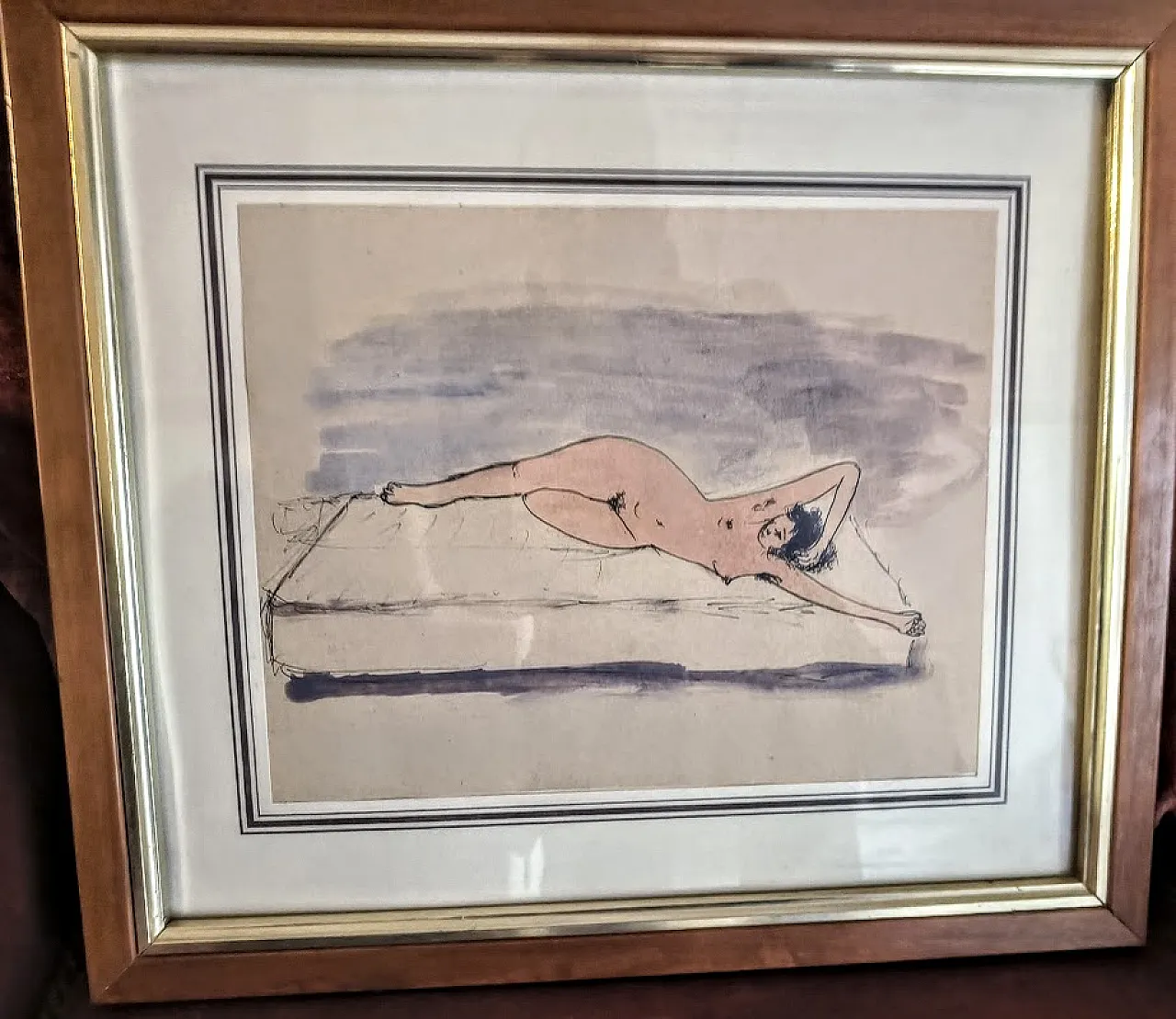 NUDO femminile disteso, acquerello a soggetto EROTICO. Anni 50 Italia 1