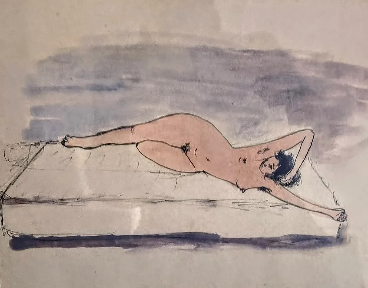 NUDO femminile disteso, acquerello a soggetto EROTICO. Anni 50 Italia 2