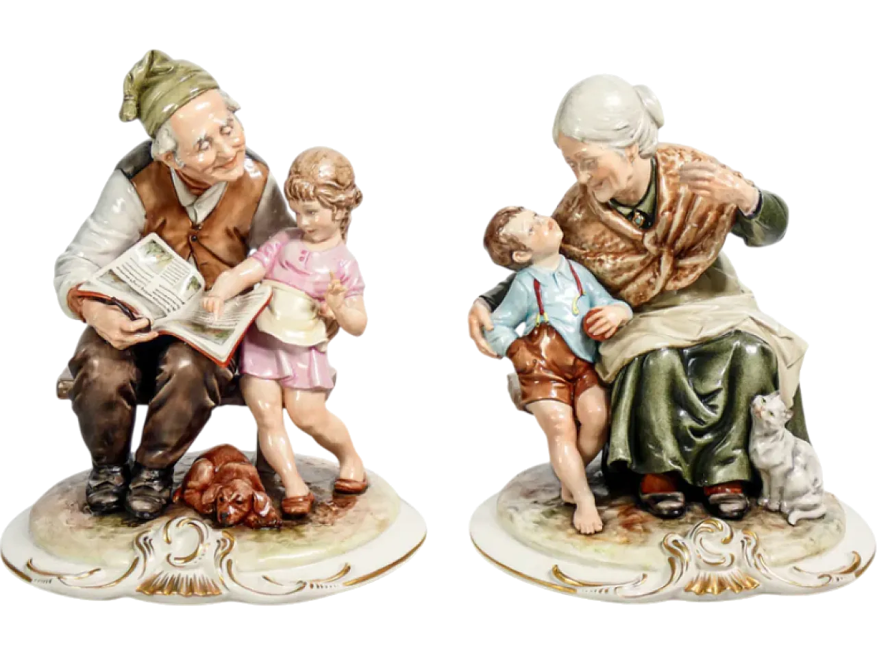 Nonni e nipoti, coppia di sculture in ceramica di B. Merli, tardo '900 17