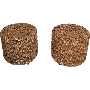 Coppia di sgabelli in corda con piedi rotondi in legno, anni '70