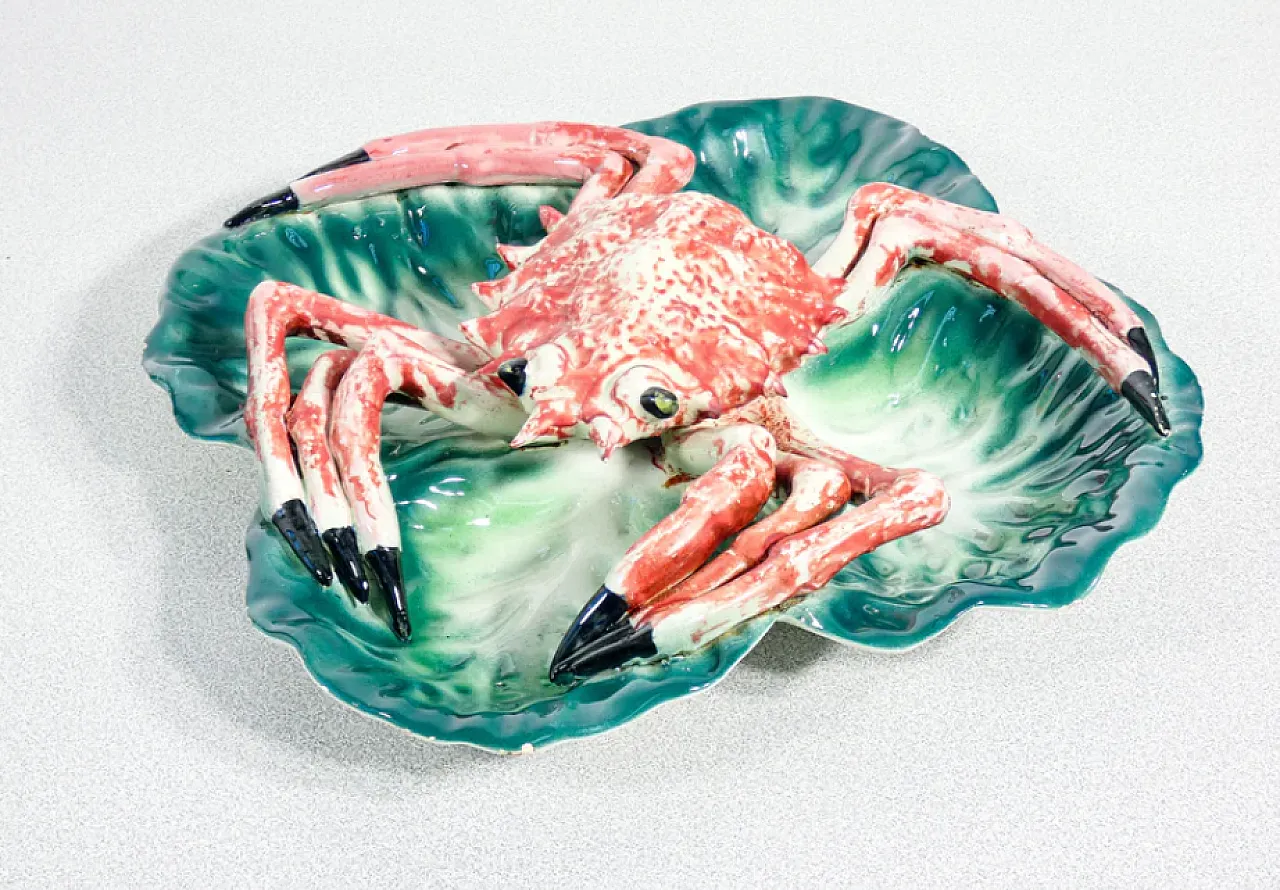Antipastiera in ceramica con scultura di granchio, anni '70 3