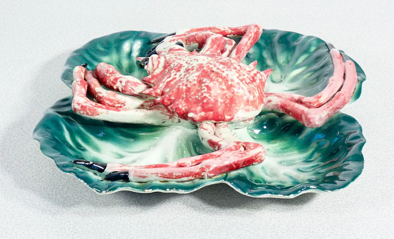 Antipastiera in ceramica con scultura di granchio, anni '70 5