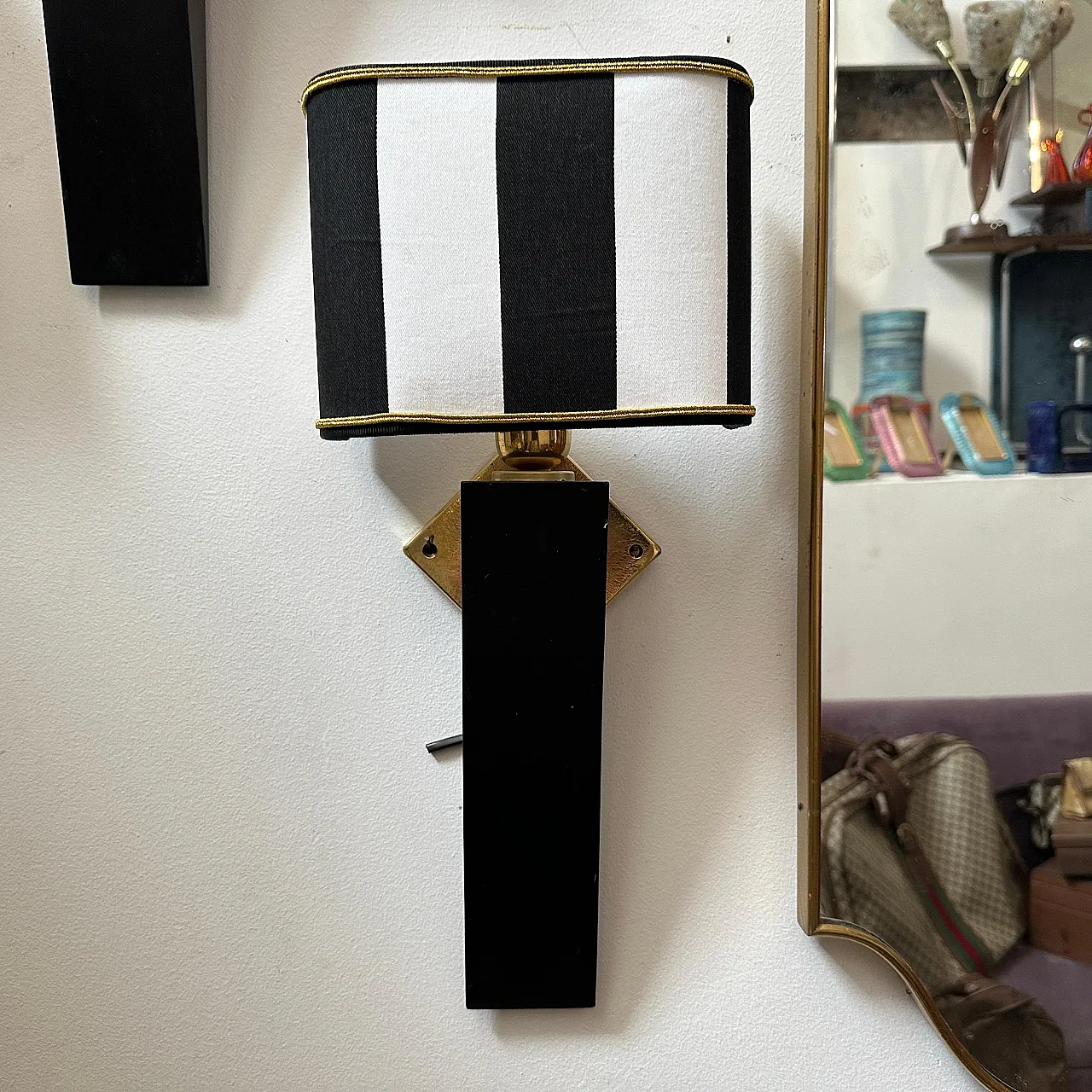 Lampada da parete in legno e ottone in stile Art Deco, anni '80 3