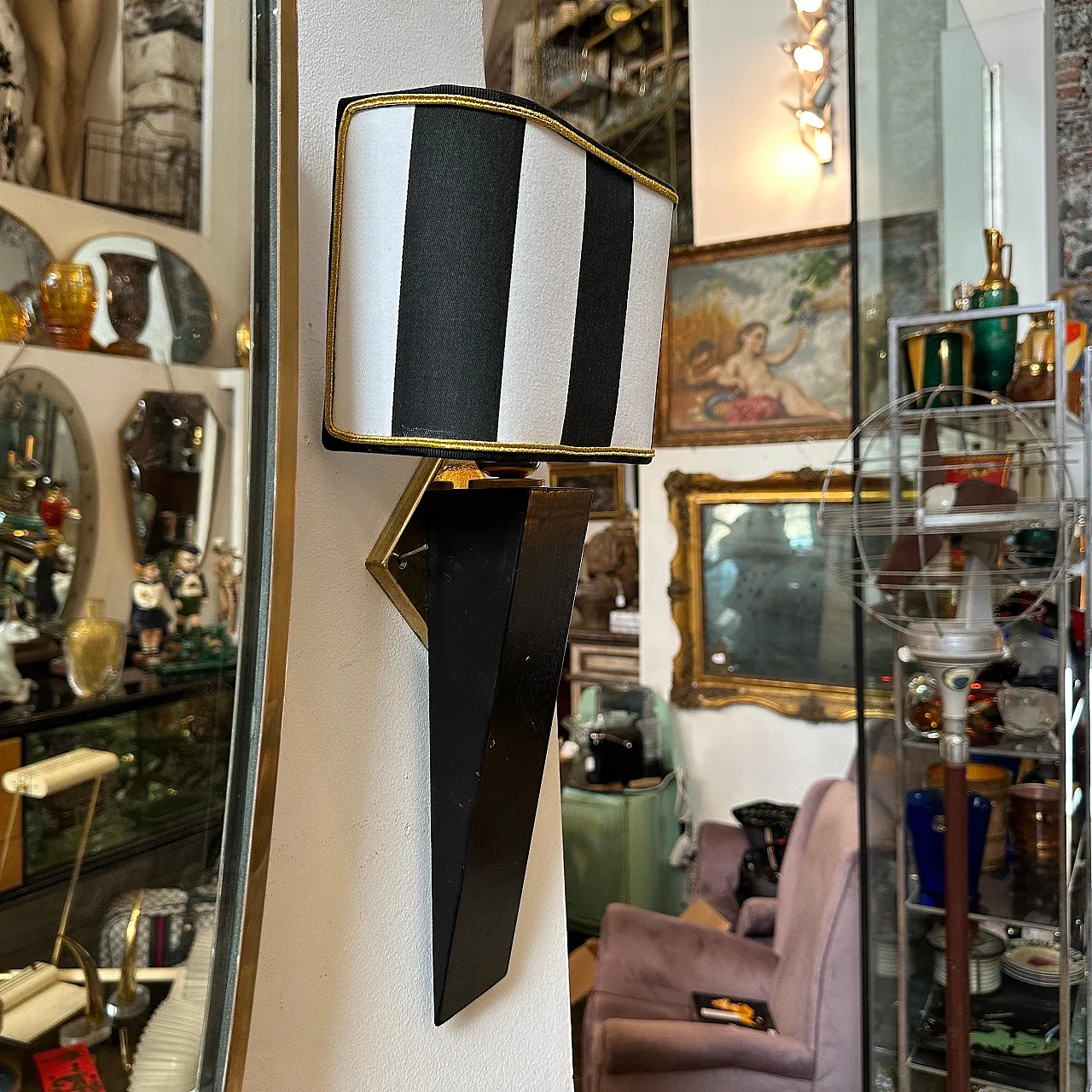 Lampada da parete in legno e ottone in stile Art Deco, anni '80 10