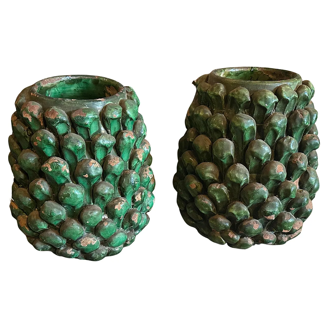 Pair of Sicilian painted terracotta pine cone vases, 1920s 1