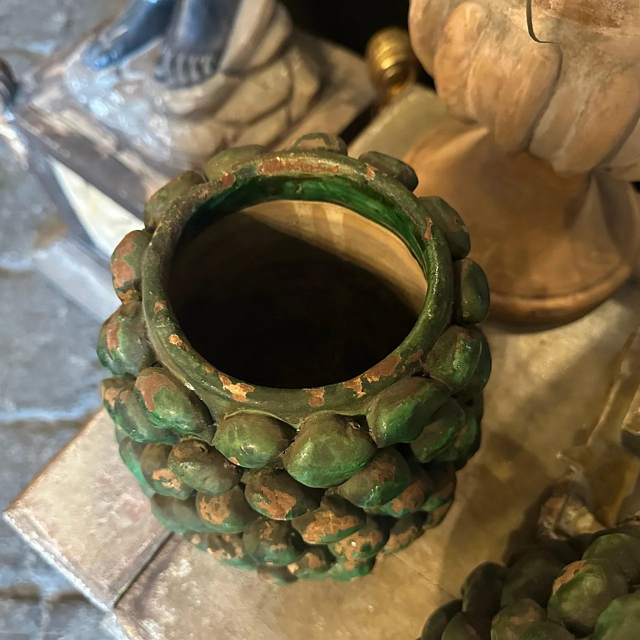Pair of Sicilian painted terracotta pine cone vases, 1920s 3