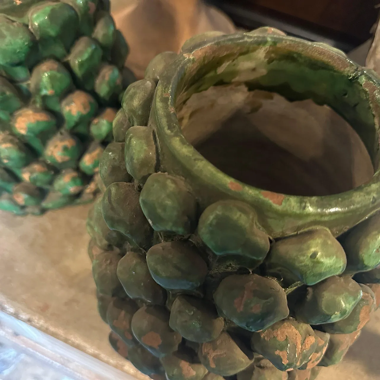 Pair of Sicilian painted terracotta pine cone vases, 1920s 4