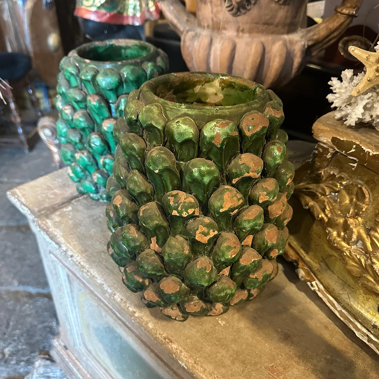 Pair of Sicilian painted terracotta pine cone vases, 1920s 5