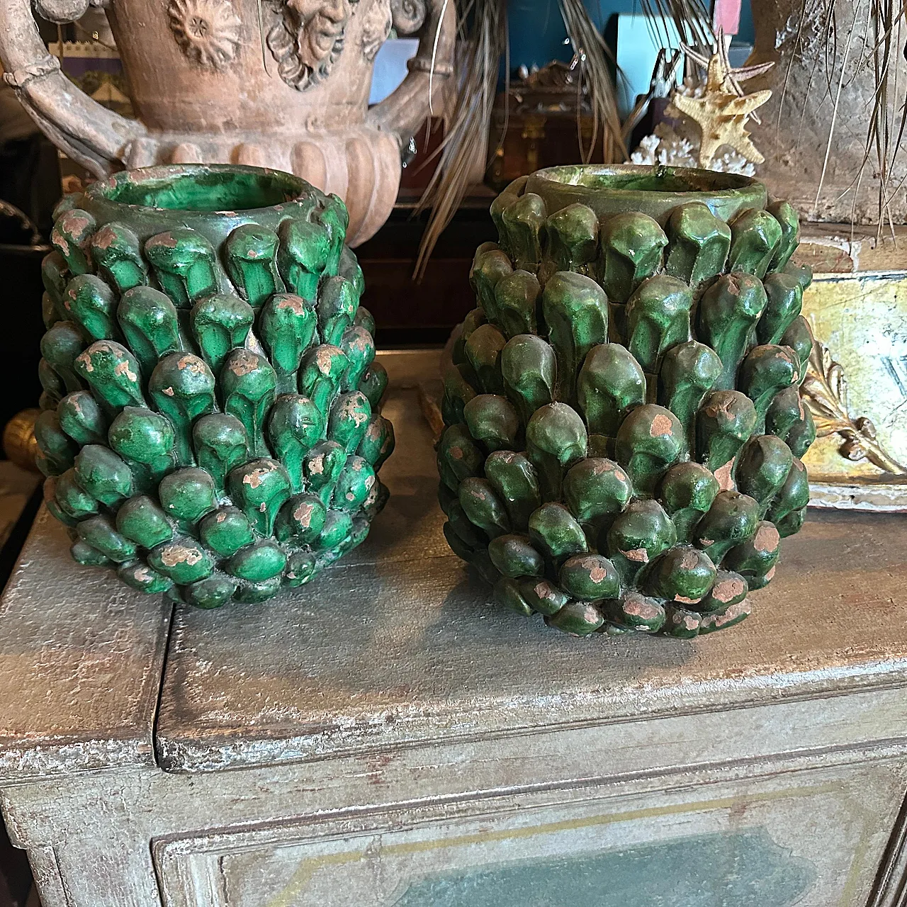 Pair of Sicilian painted terracotta pine cone vases, 1920s 6