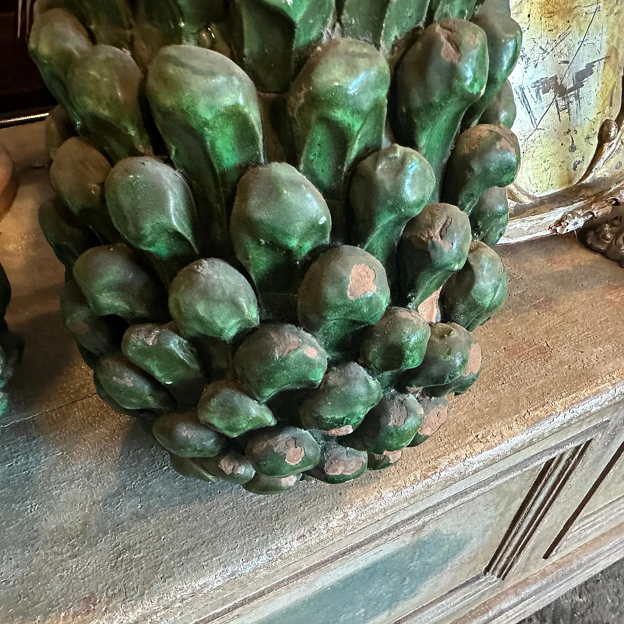 Pair of Sicilian painted terracotta pine cone vases, 1920s 7
