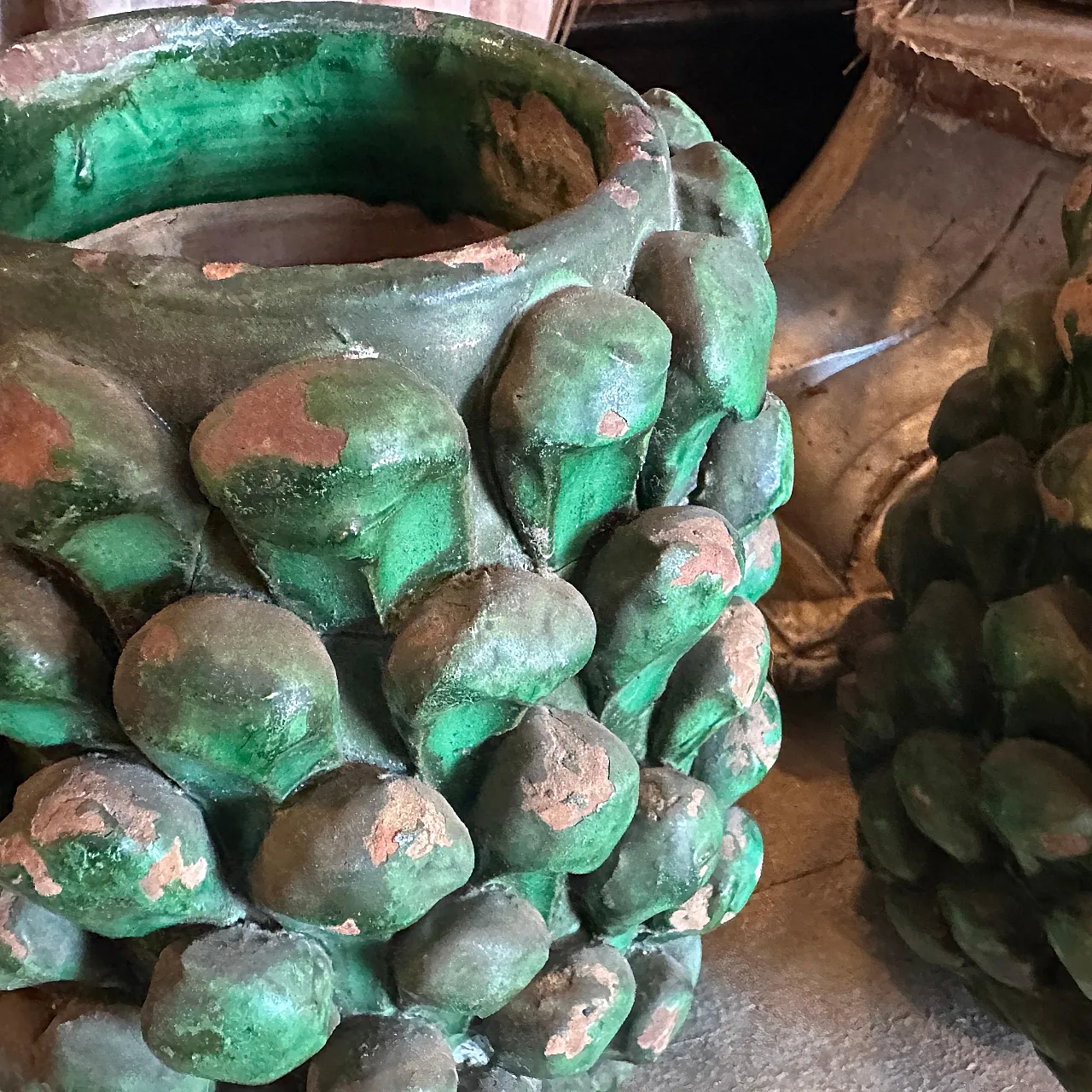 Pair of Sicilian painted terracotta pine cone vases, 1920s 8