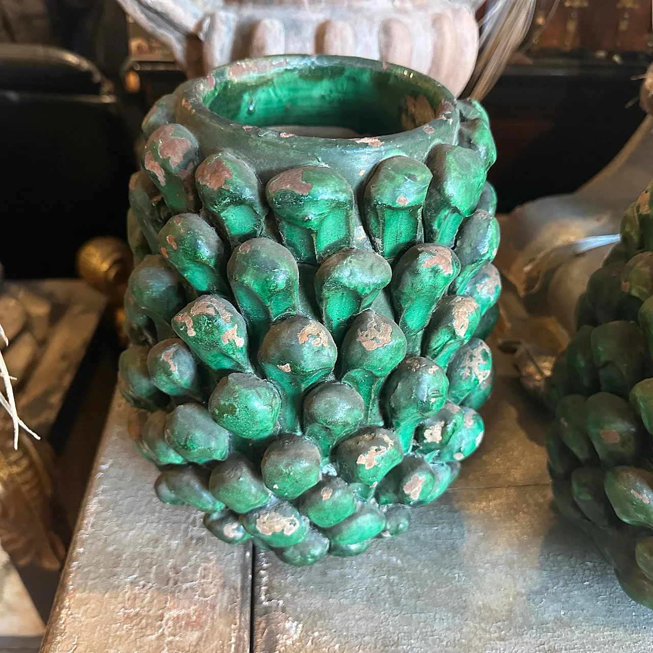 Pair of Sicilian painted terracotta pine cone vases, 1920s 9
