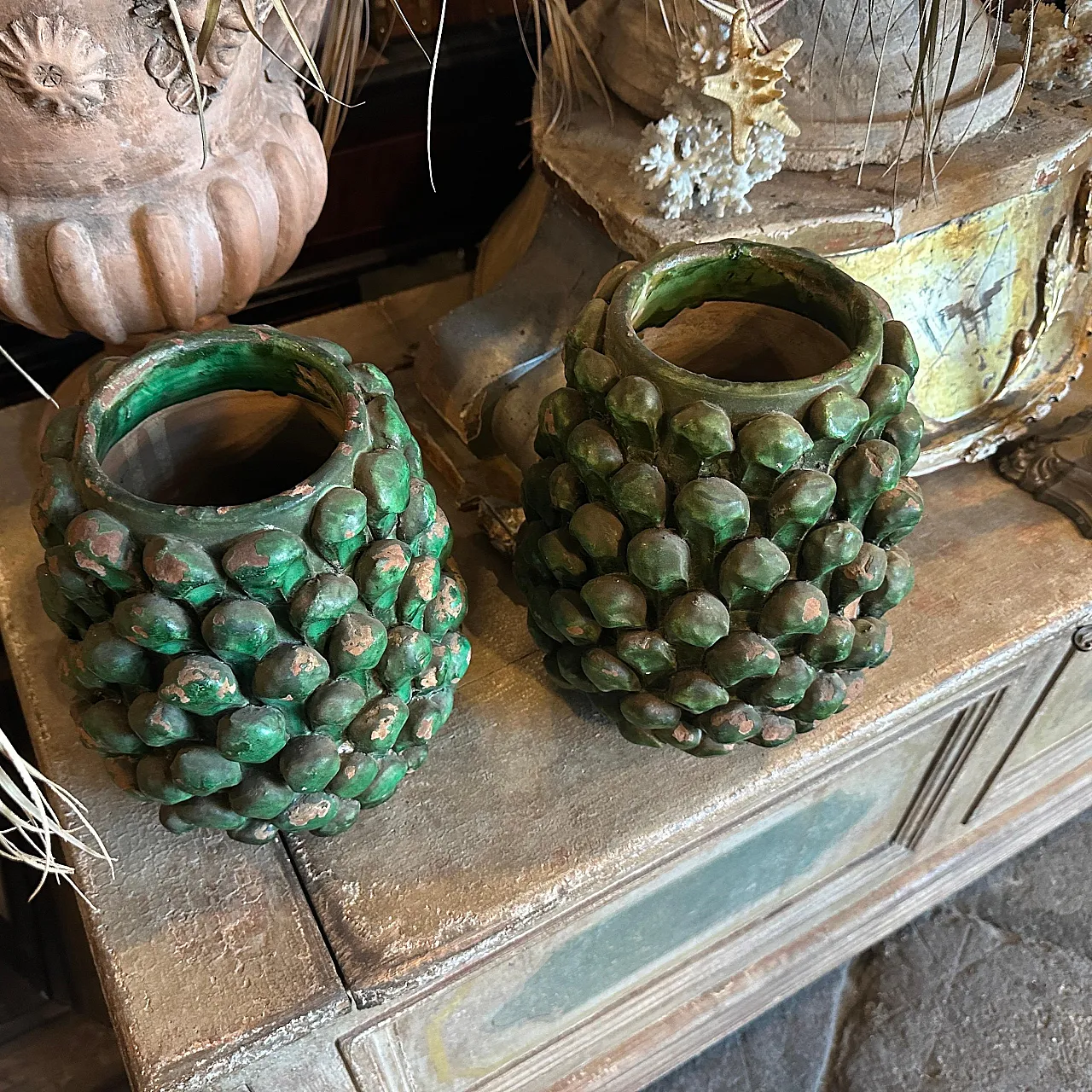 Pair of Sicilian painted terracotta pine cone vases, 1920s 10
