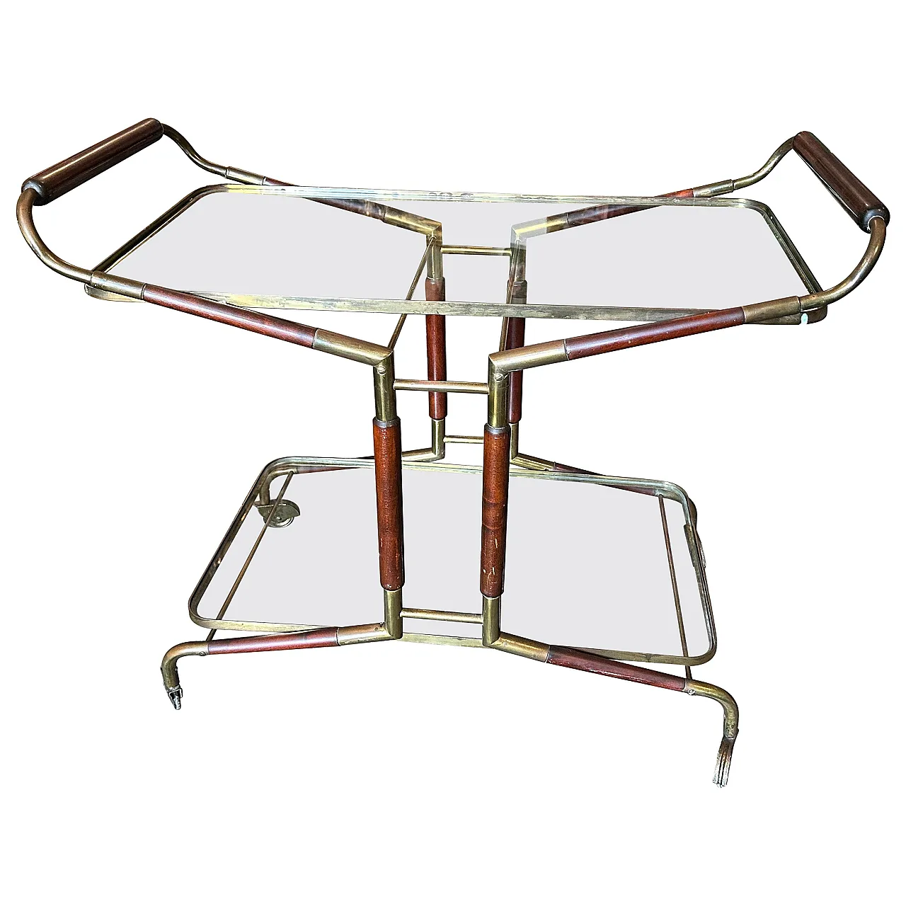 Brass, wood and glass bar trolley by Cesare Lacca, 1950s 1