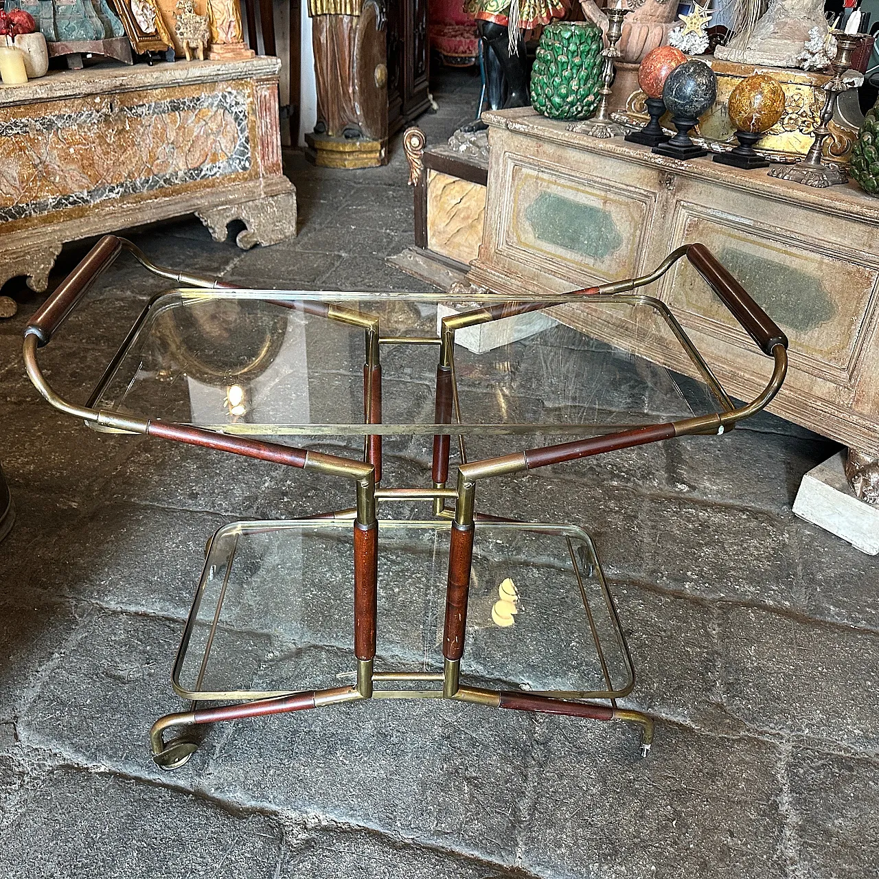 Brass, wood and glass bar trolley by Cesare Lacca, 1950s 2