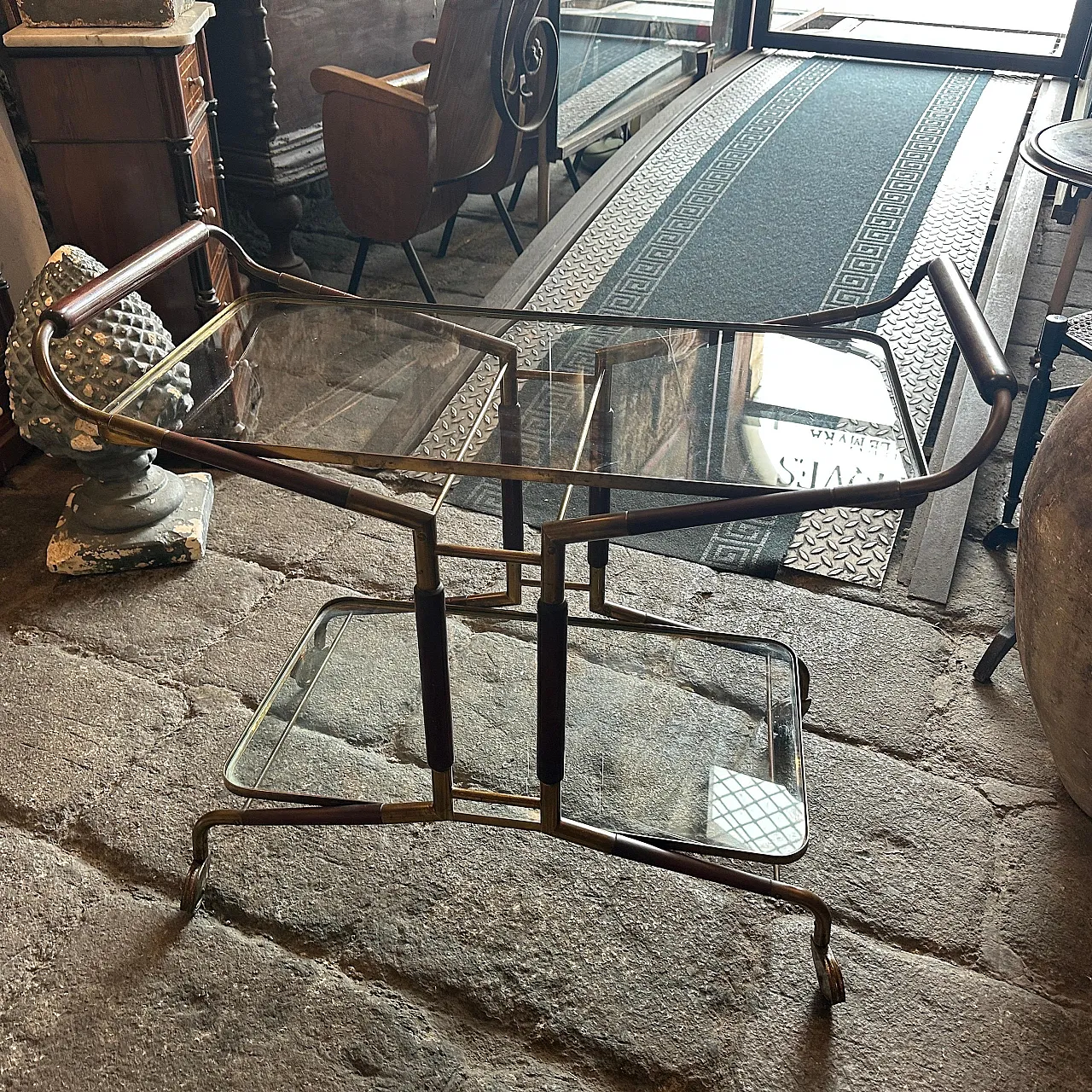 Brass, wood and glass bar trolley by Cesare Lacca, 1950s 4