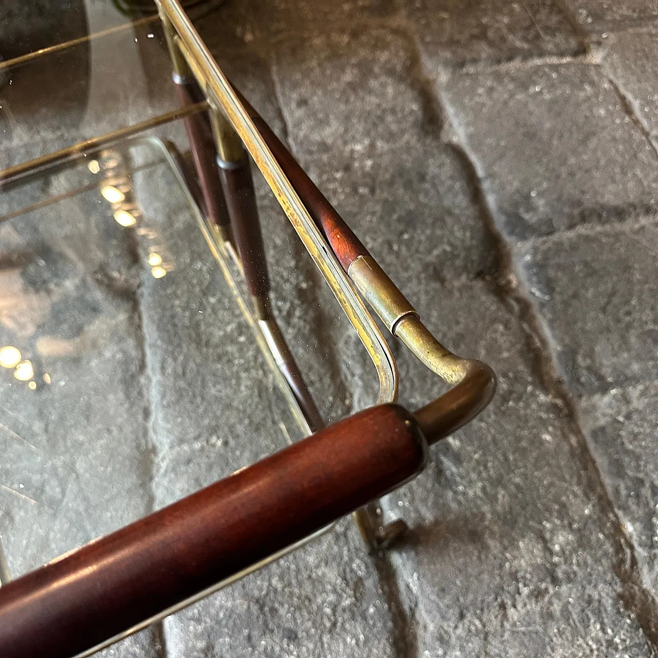 Brass, wood and glass bar trolley by Cesare Lacca, 1950s 6