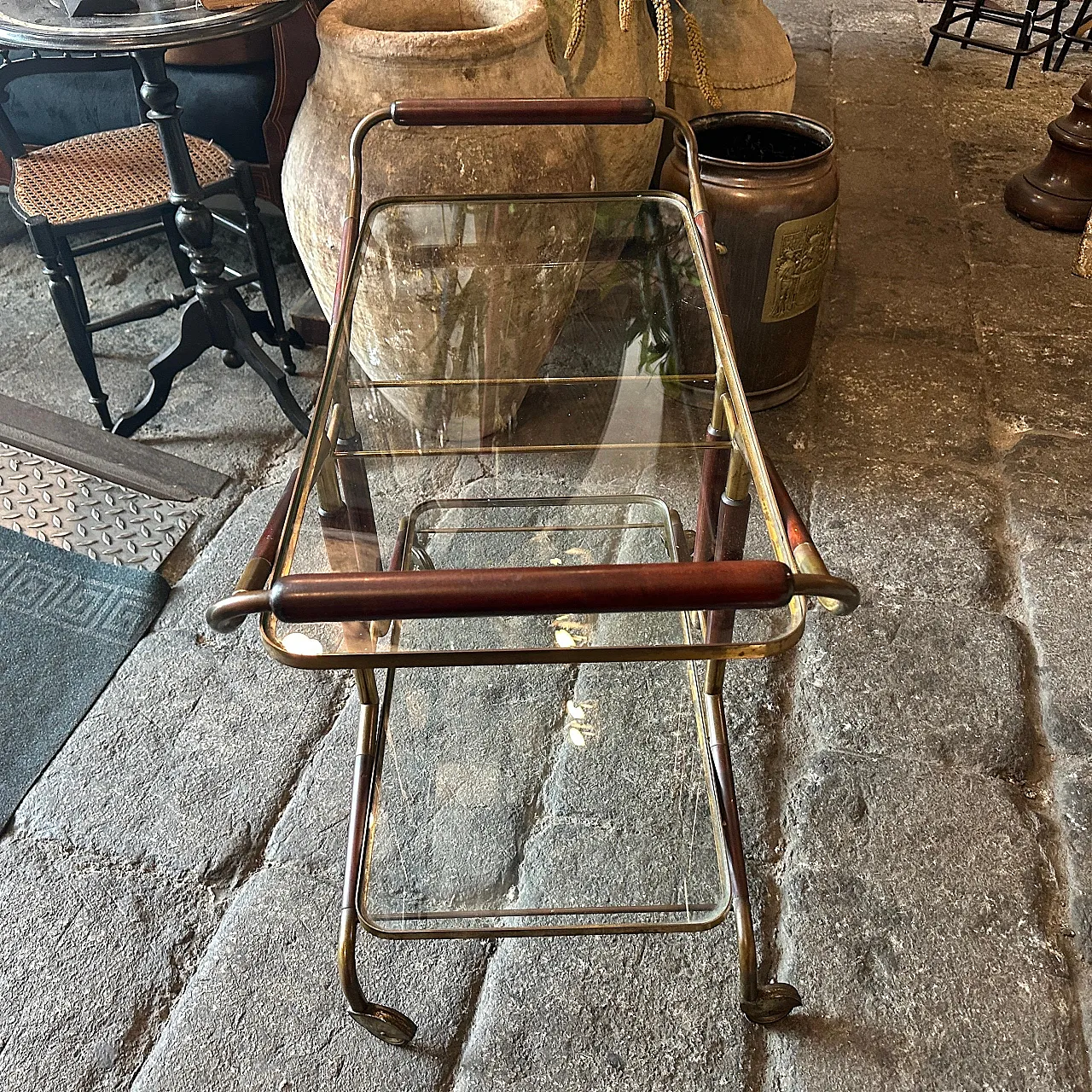 Brass, wood and glass bar trolley by Cesare Lacca, 1950s 8