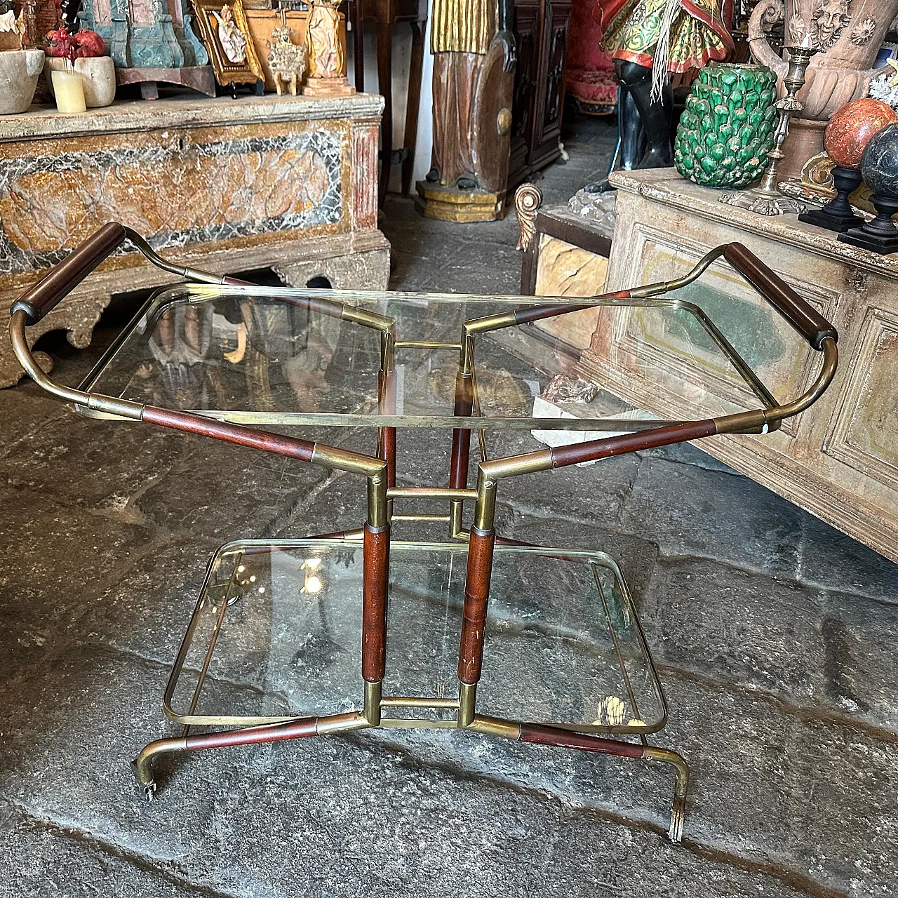 Brass, wood and glass bar trolley by Cesare Lacca, 1950s 10