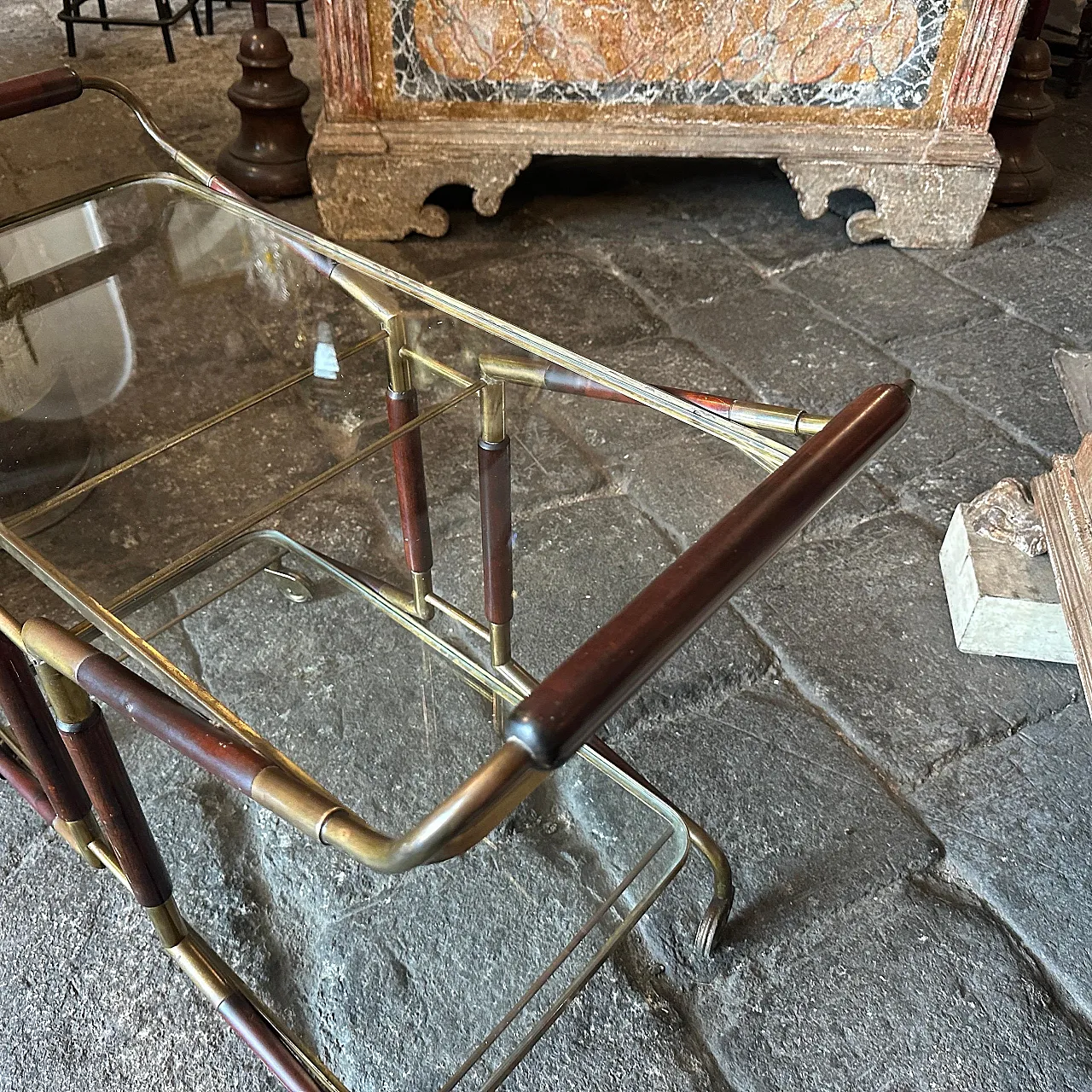 Brass, wood and glass bar trolley by Cesare Lacca, 1950s 11