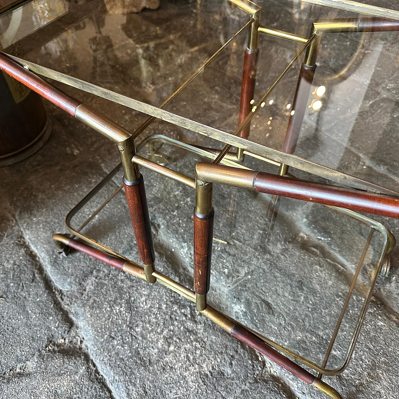 Brass, wood and glass bar trolley by Cesare Lacca, 1950s 12