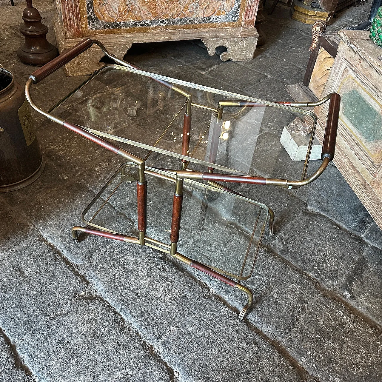 Brass, wood and glass bar trolley by Cesare Lacca, 1950s 13