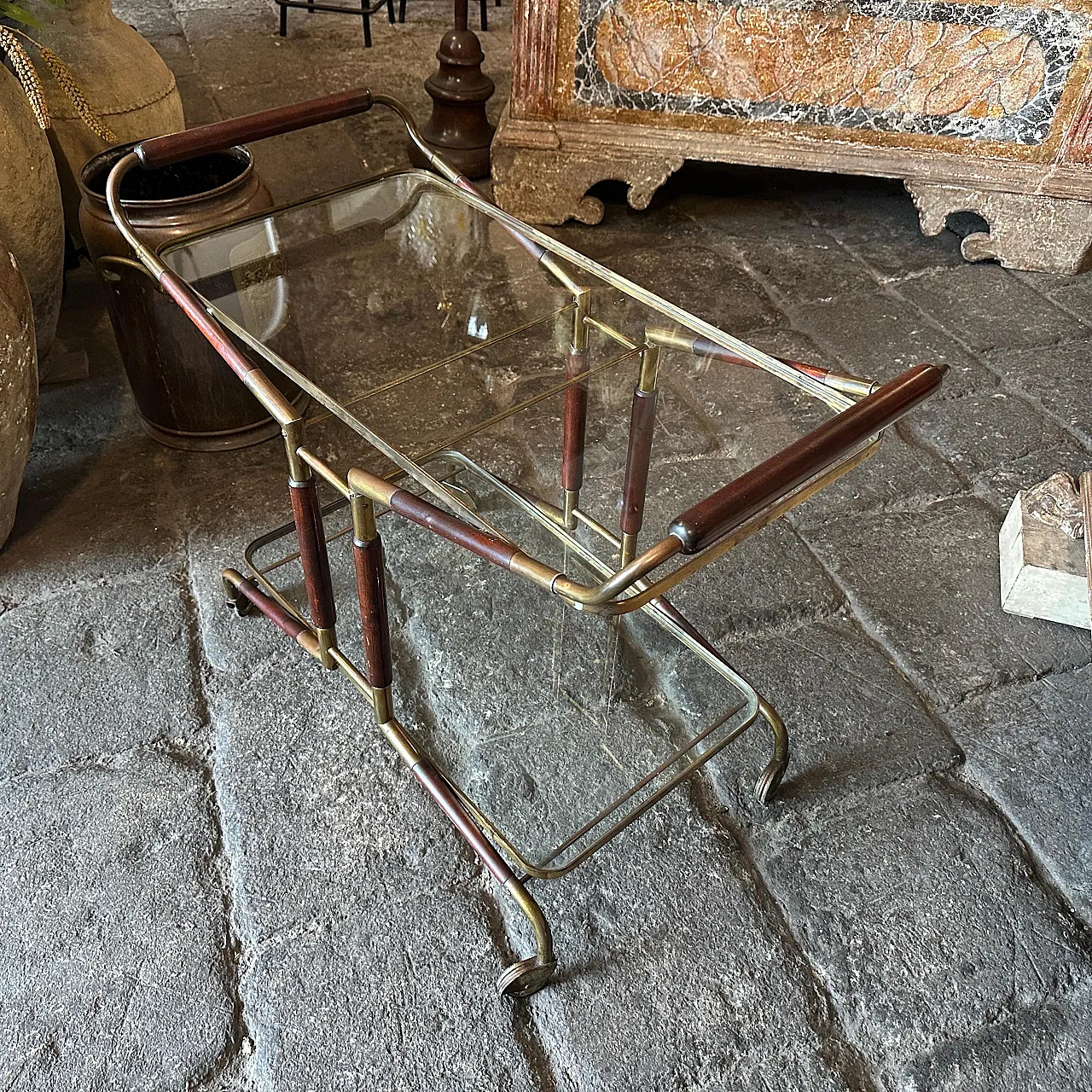 Brass, wood and glass bar trolley by Cesare Lacca, 1950s 14