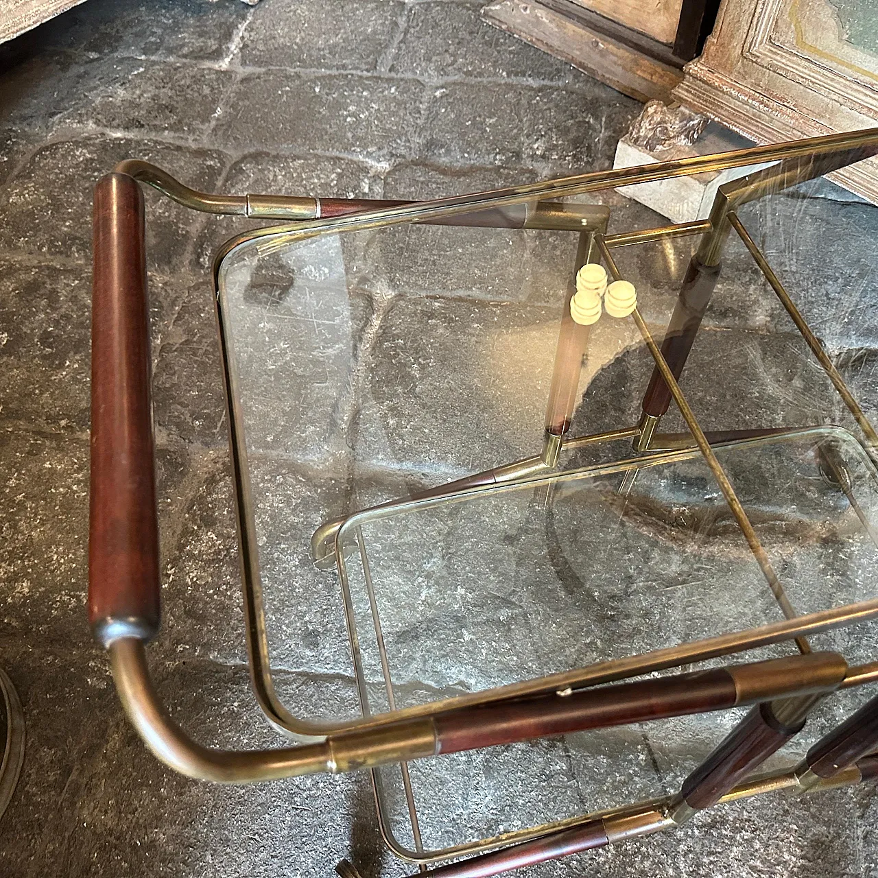 Brass, wood and glass bar trolley by Cesare Lacca, 1950s 15