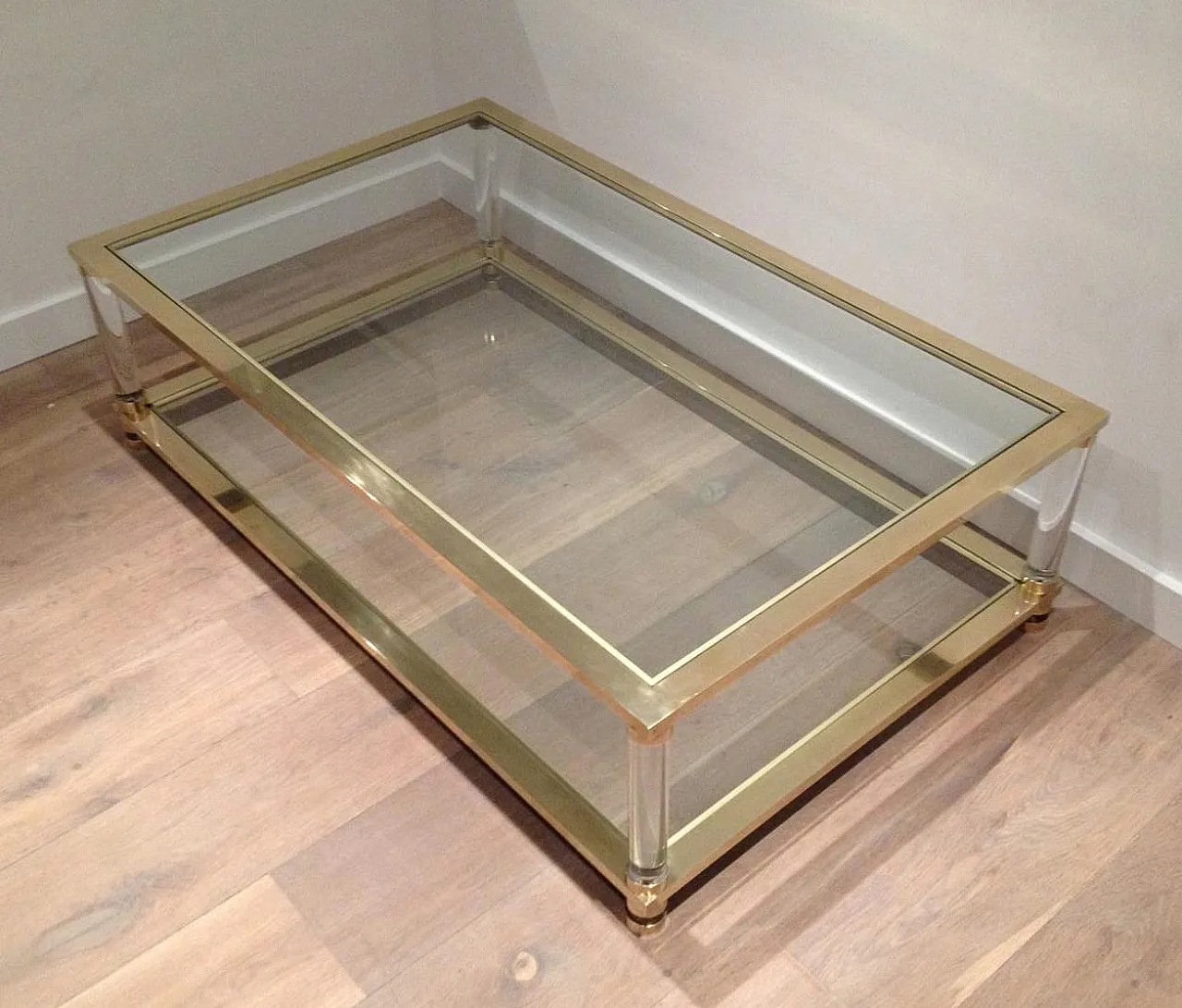 Large lucite and brass coffee table, 1970s 2