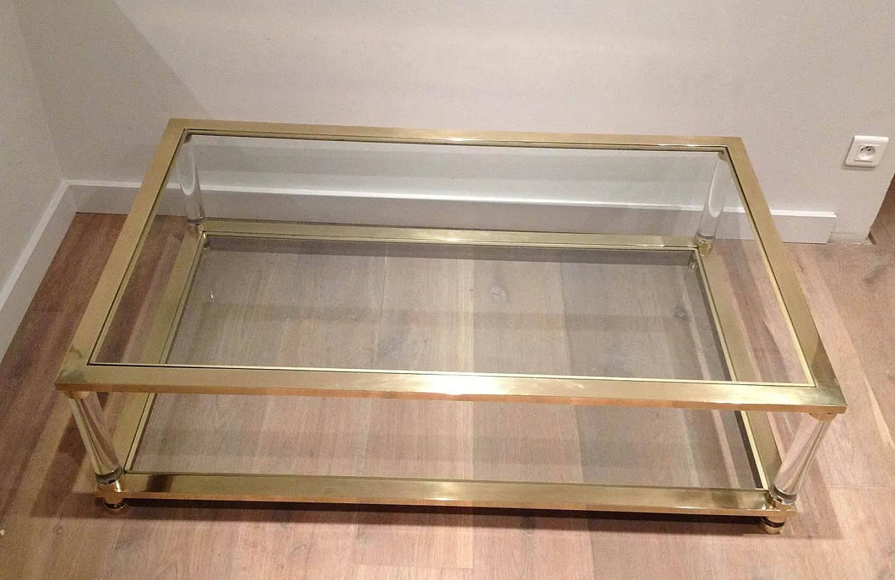 Large lucite and brass coffee table, 1970s 4
