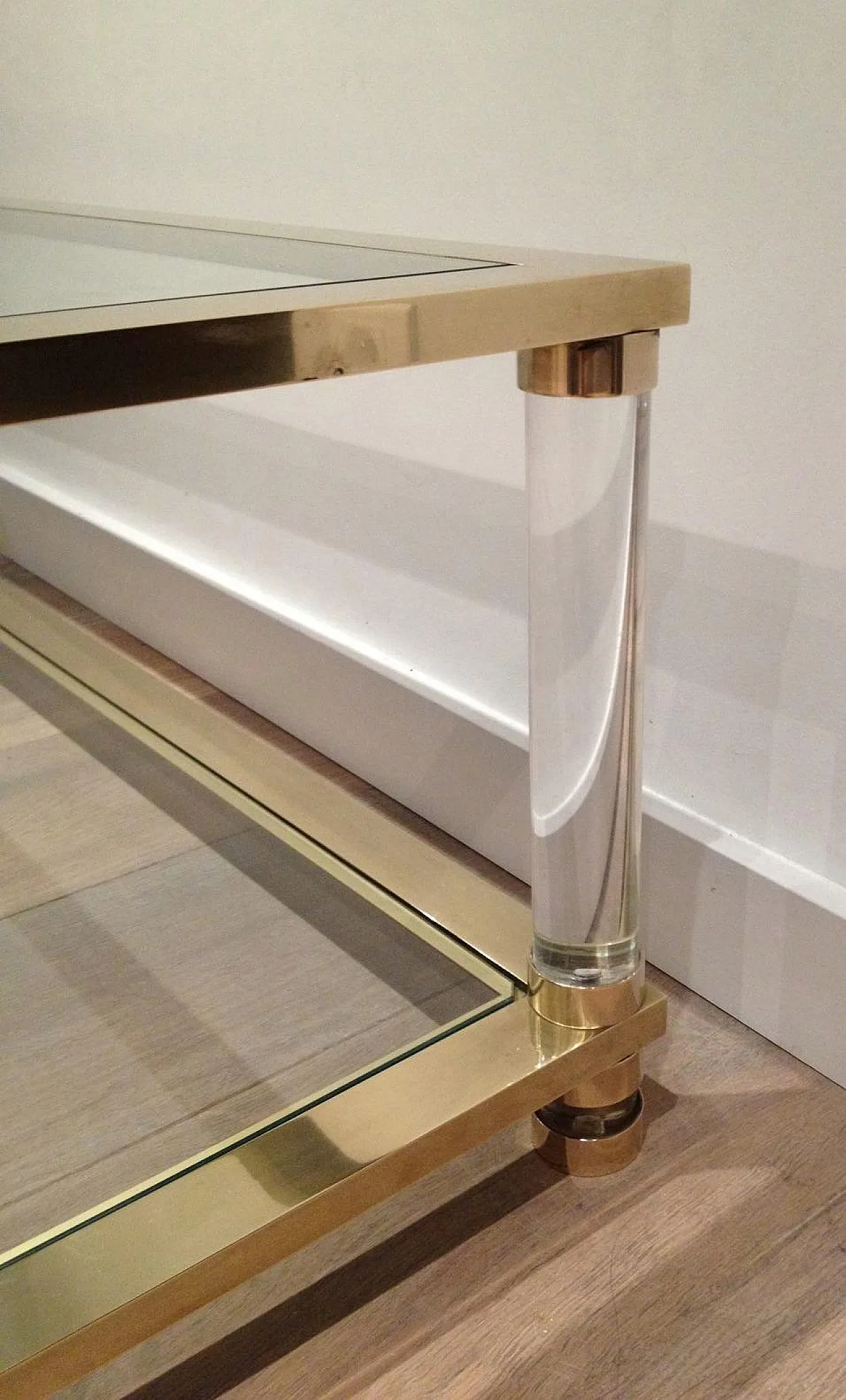 Large lucite and brass coffee table, 1970s 11