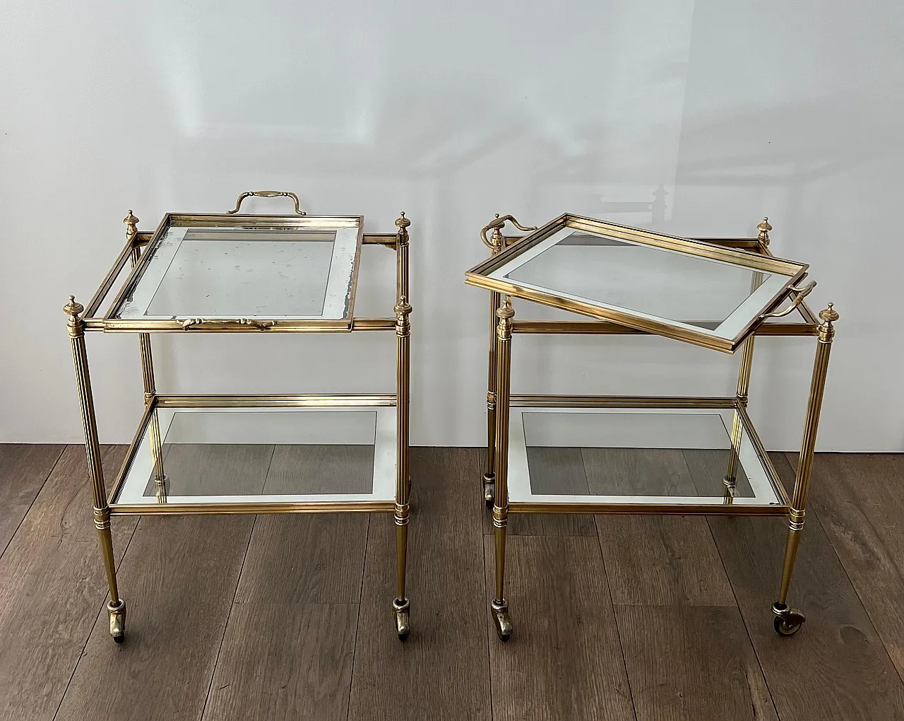 Pair of coffee tables with removable top trays, 1940s 4