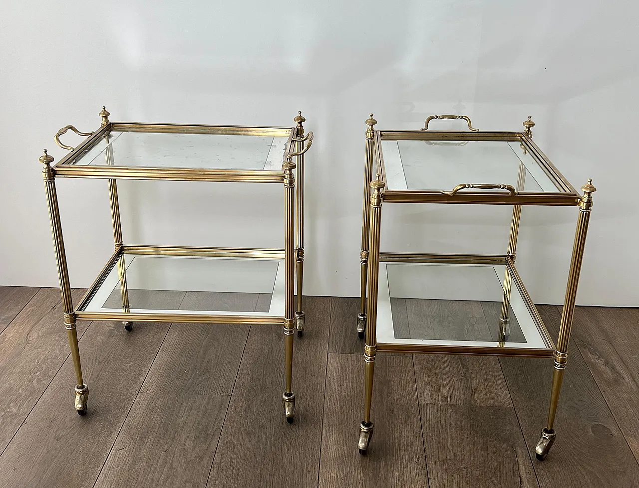 Pair of coffee tables with removable top trays, 1940s 12