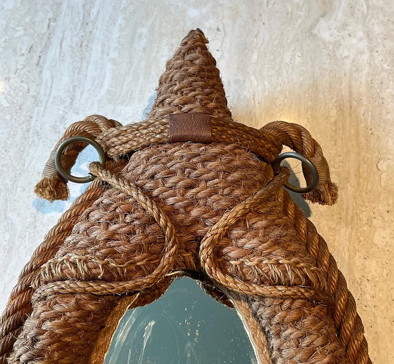 Specchio ovale in corda e pelle di Audoux Minet, anni '70 5