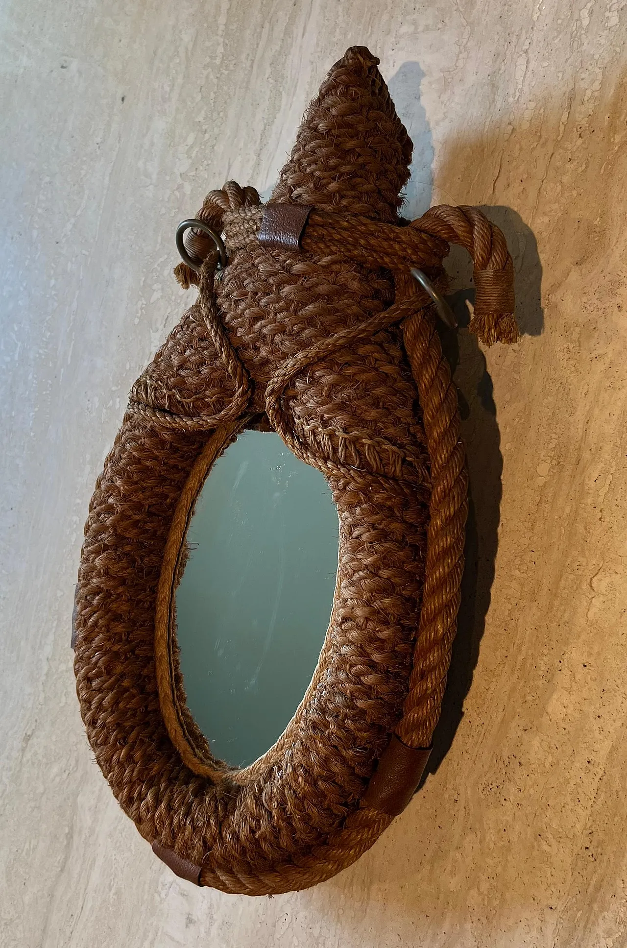 Specchio ovale in corda e pelle di Audoux Minet, anni '70 8