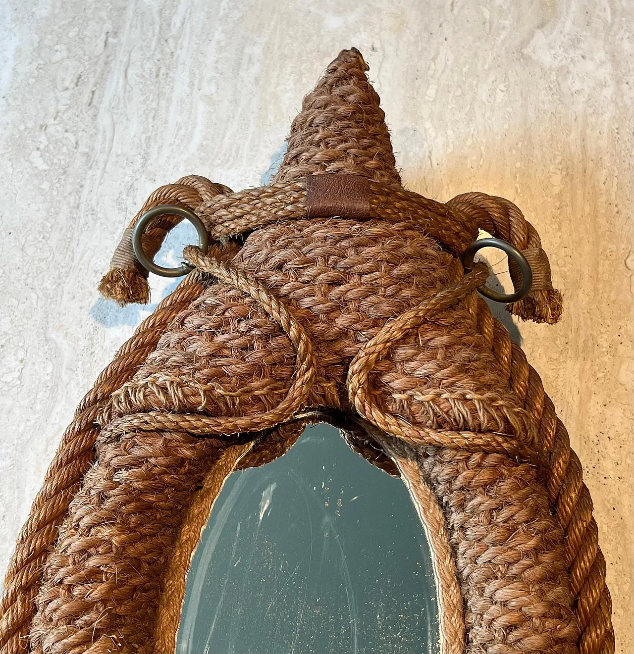 Specchio ovale in corda e pelle di Audoux Minet, anni '70 15