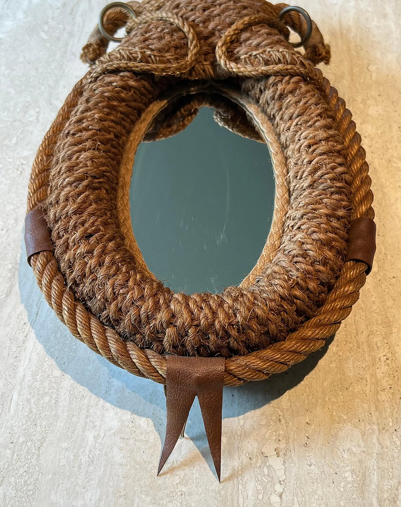 Specchio ovale in corda e pelle di Audoux Minet, anni '70 16