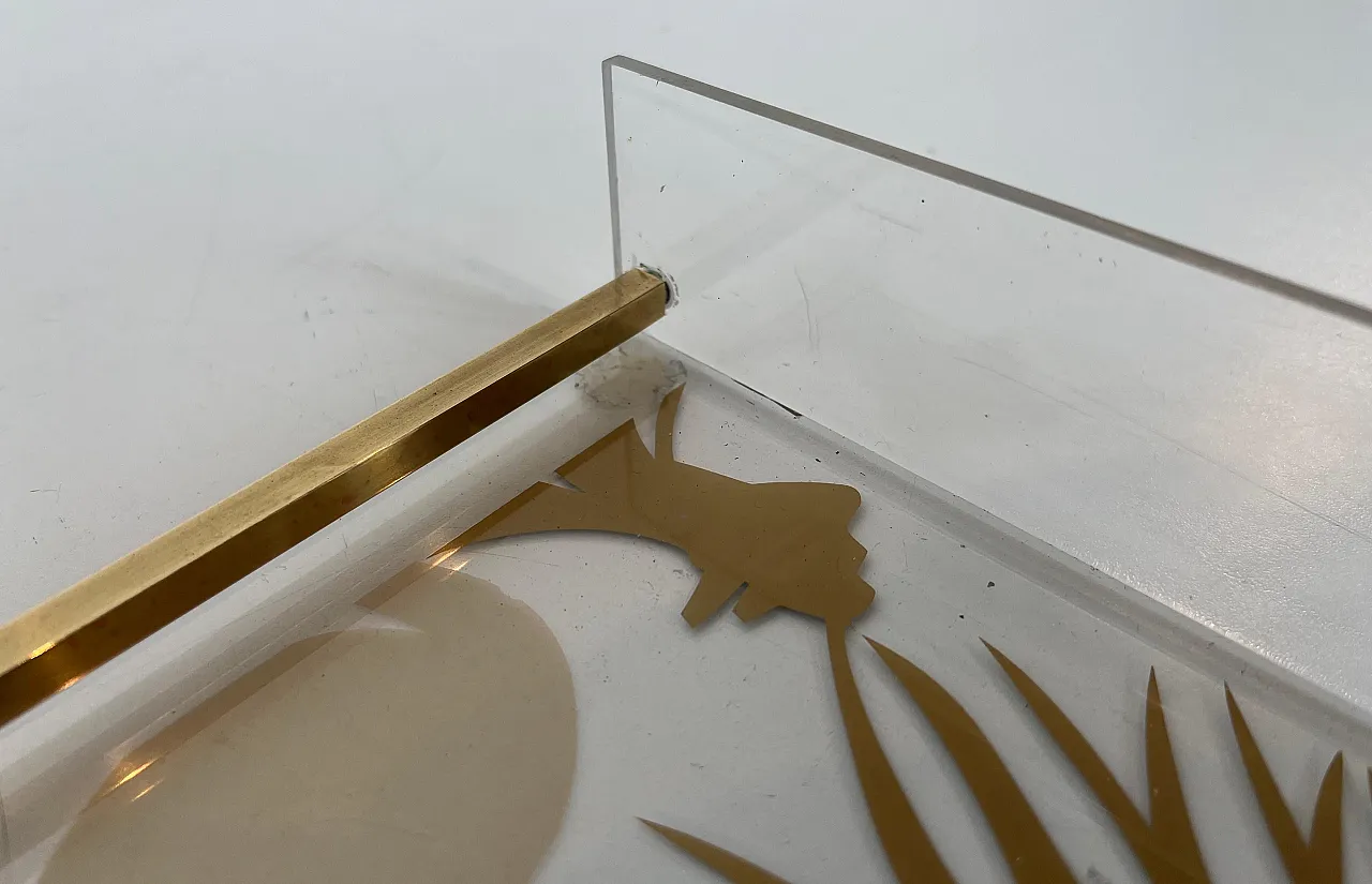 Coppia di vassoi in lucite e ottone con uccelli dorati, anni '70 16
