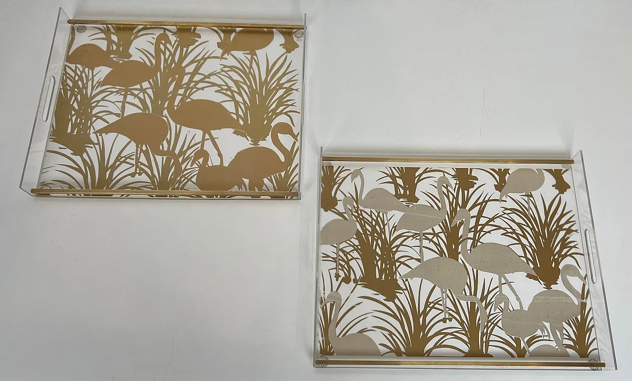 Coppia di vassoi in lucite e ottone con uccelli dorati, anni '70 20